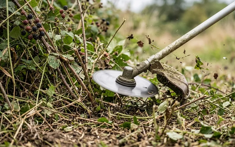 Débroussailleuse en action sur un terrain envahi