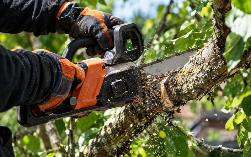 Taille d'une branche d'arbre à la tronçonneuse, au plus près de l'arbre