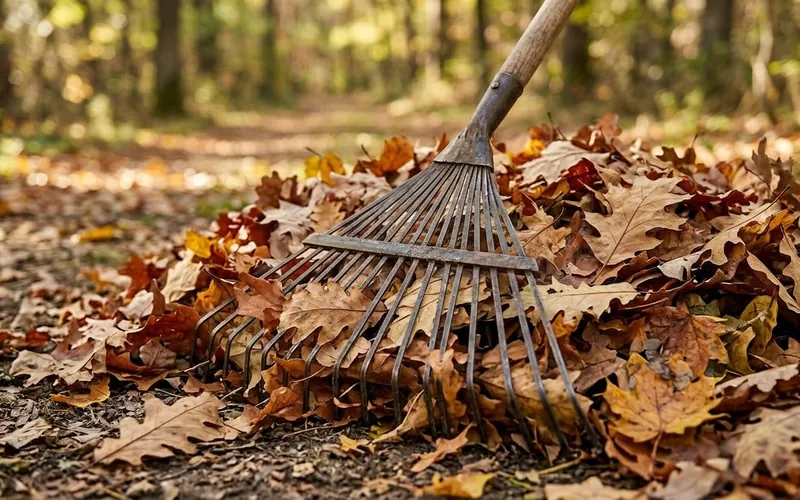 Feuilles mortes rassemblées au râteau en automne